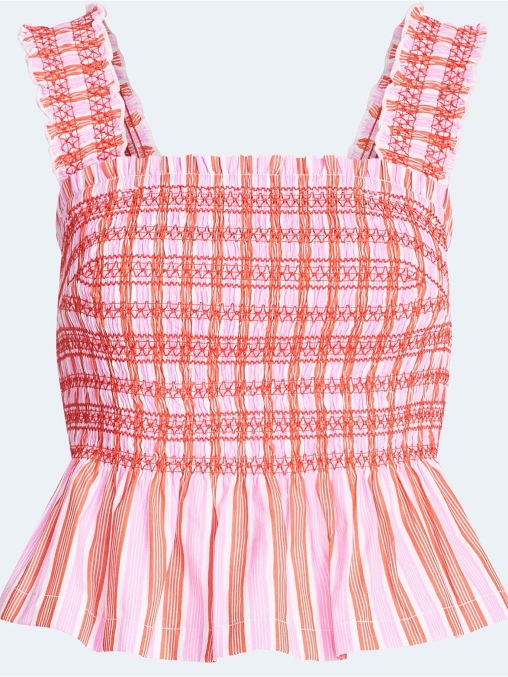 Striped Smocked Square-Neck Camisole in Pink and Coral